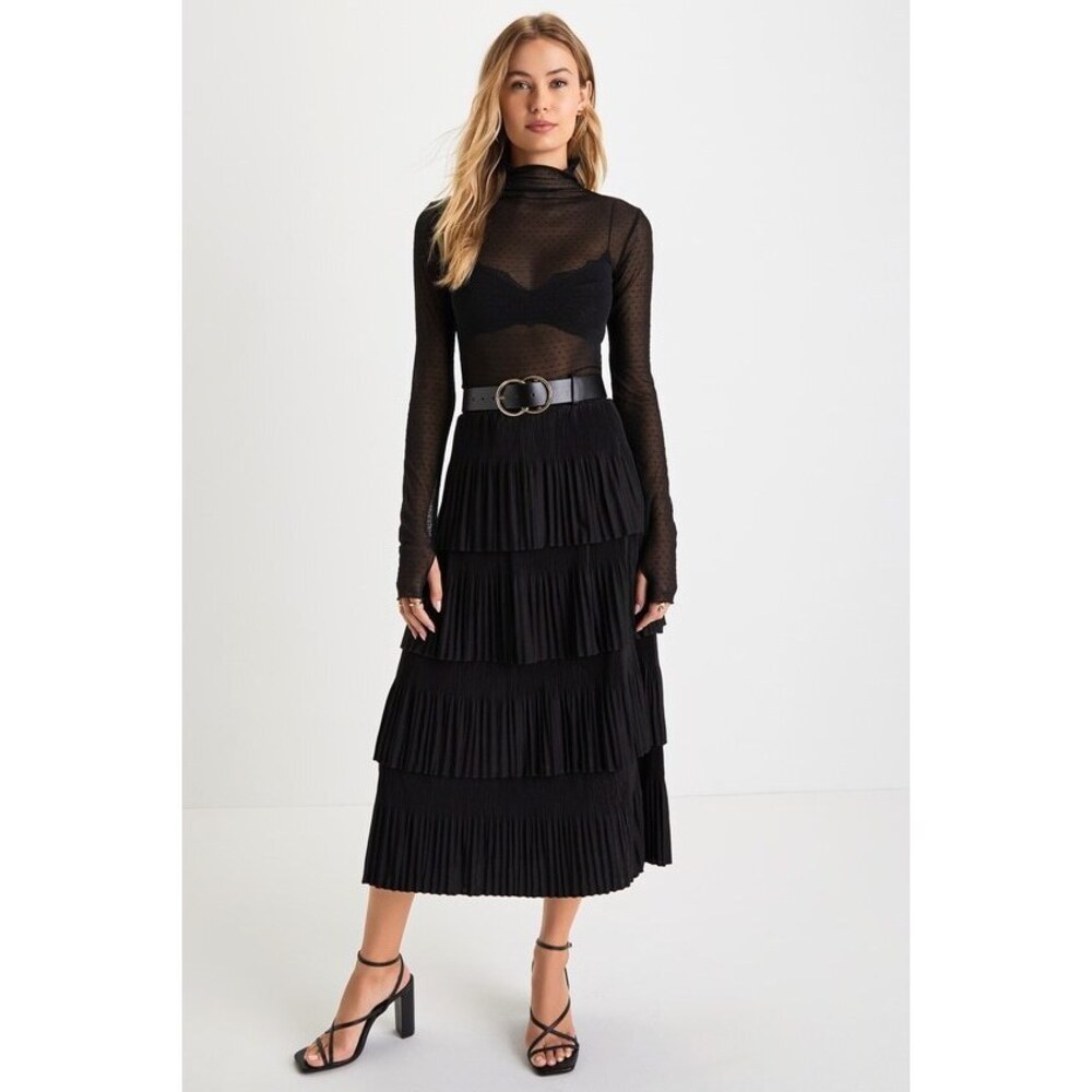 Lulus Stylish Fascination Black Pleated Tiered Midi Skirt - Size M
